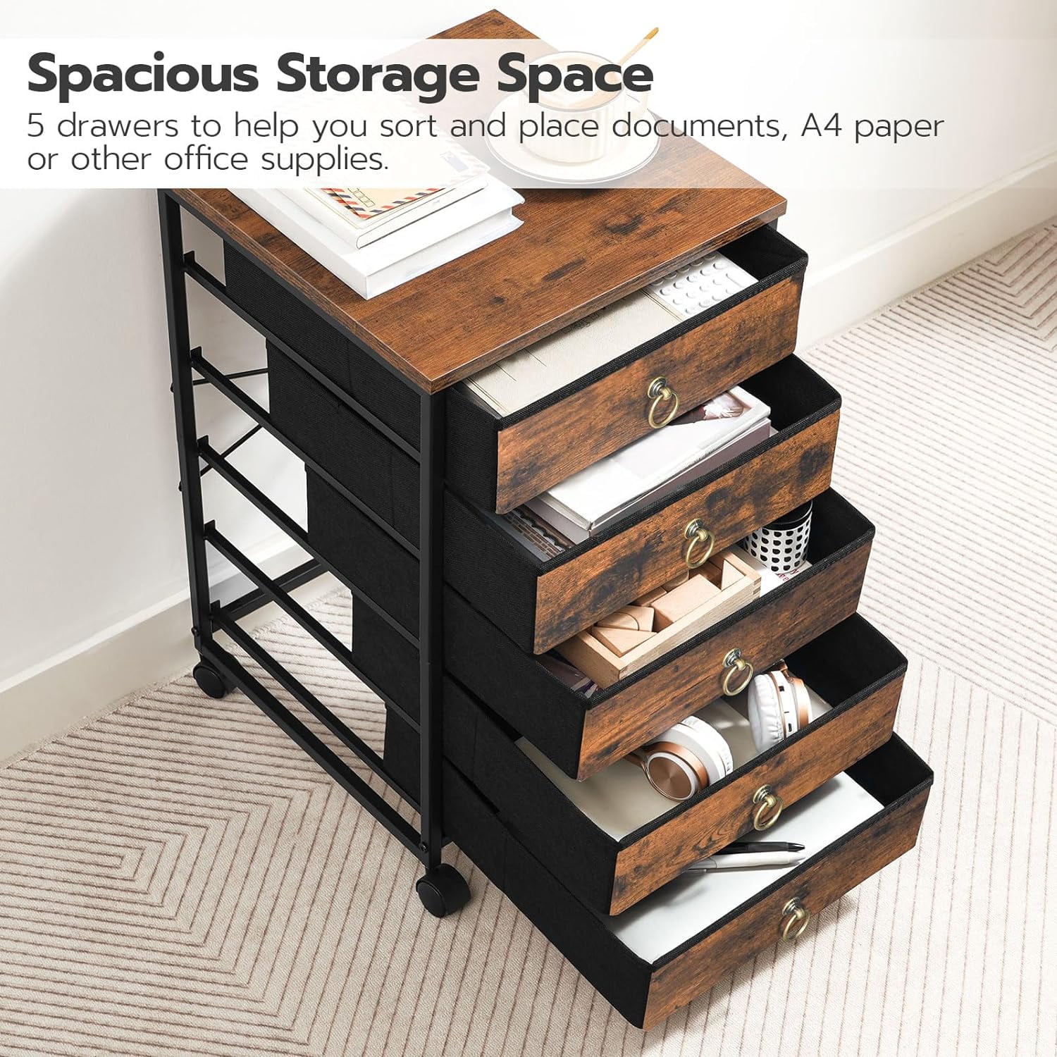 5-Drawer Chest, File Cabinet, Office Cabinet with Drawers, Rolling Printer Stand, Filing Cabinet for Living Room, Home Office, Nonwovens Drawer, Easy Assembly, Rustic Brown