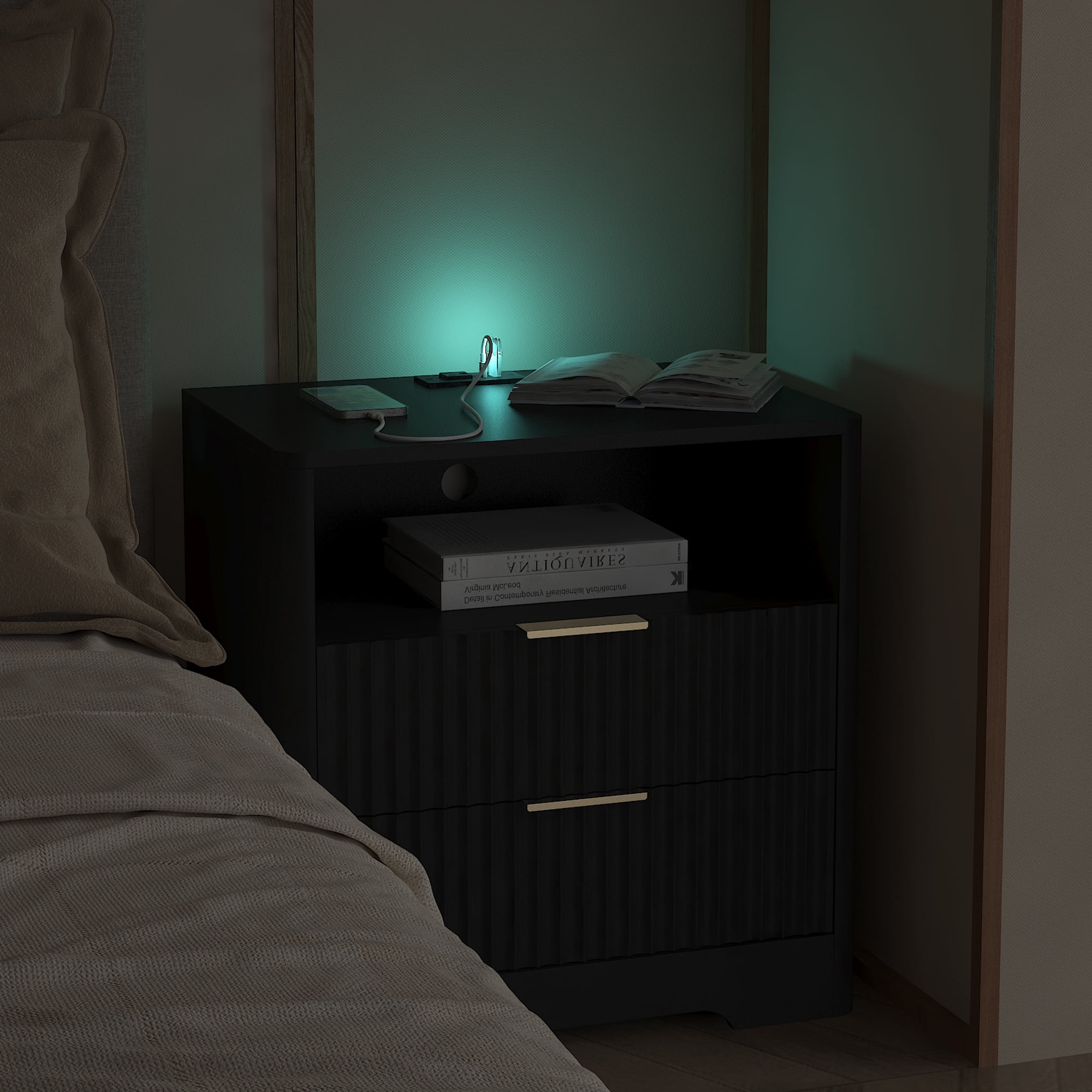 Mintazer Nightstand with Voice-Controlled LED Light & Charging Station, Bedside Table with 2 Drawer Open Shelf for Bedroom, Black