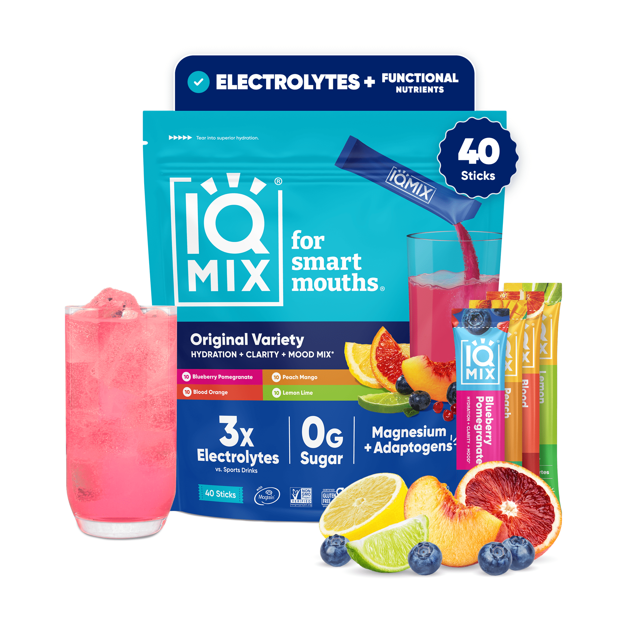 IQMIX Sugar Free Electrolyte Drink Mix Packets - Keto Hydration with Lion’s Mane, Magnesium L-Threonate & Potassium - Variety Pack 40ct
