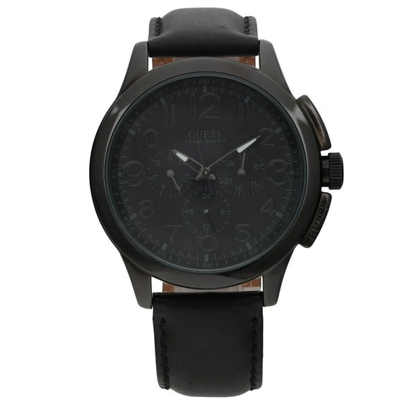 Pre-Owned Guess Black-Out 46mm Ion Plated Multifunction Black Dial Leather Watch U10628G1 (Good)