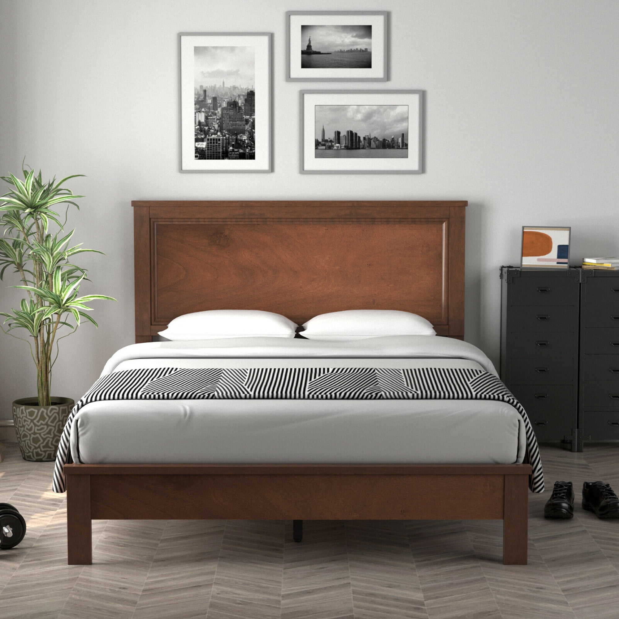 Gymax Full Size Platform Bed Frame with High Headboard and Walnut Finish in Nepal at NPR 33884
