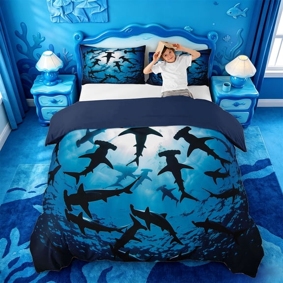 jejeloiu Deep Ocean Shark Bedding,Silhouette Print Duvet Cover Full For Boys,Blue Black,Navy Blue Reversible,3-Piece,1 Duvet Cover and 2 Pillowcases