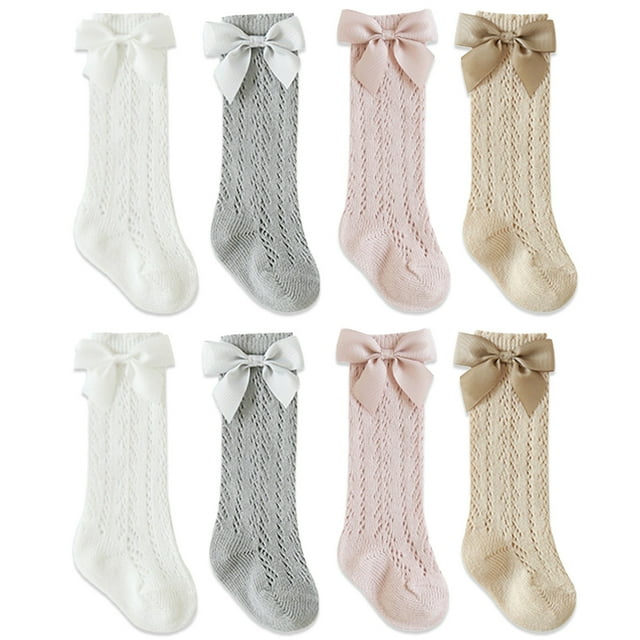 Laklulu 4 pares de calcetines hasta la rodilla para niñas pequeñas, medias largas de malla con lazo, calcetines finos para bebés