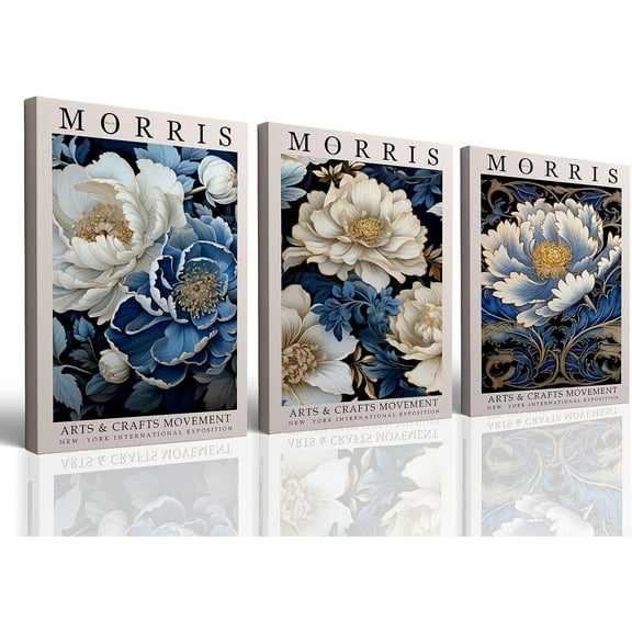 William Morris Wall Art Set of 3 Blue Peony Poster Aesthetic Canvas Wall Art Decor Vintage Prints Landscape Exhibition Pictures Flower Market Paintings Art for Room Bedroom Decor 16x24 inch Unframed