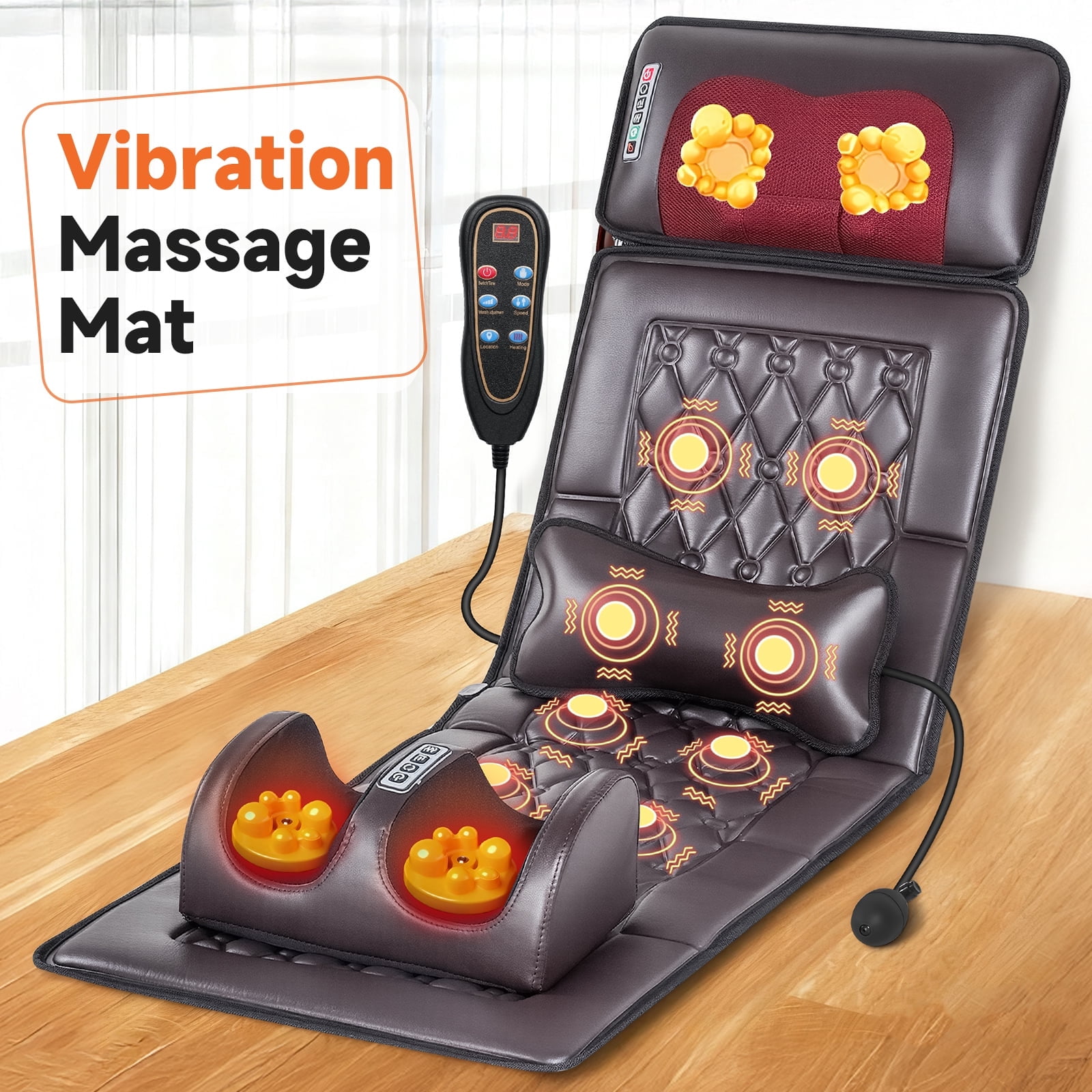 HEMXSZH Full Body Massage Mat with Heat & Vibration,PU Material, Foot Massage & Lumbar Pillow Cushion, Brown