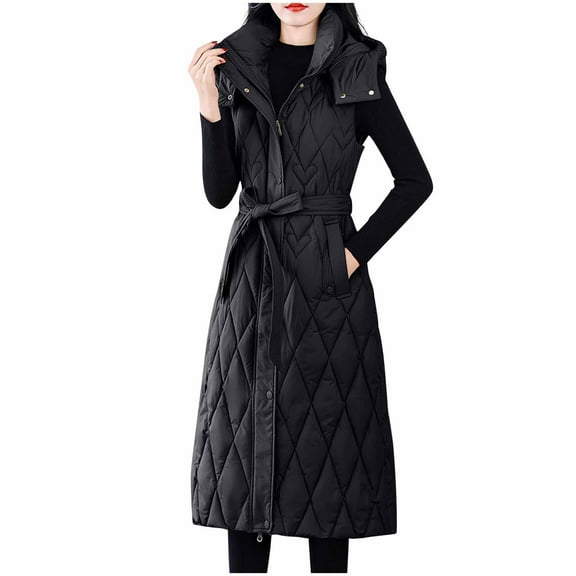 FNFHFY Women's Long Puffer Vest Hooded Lightweight Sleeveless Quilted Jackets Thick Warm Winter Gilet Coats with Belt & Pockets