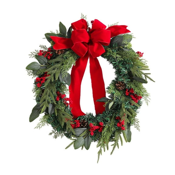 Christmas Wreath Front Door, Artificial Flower Wreath, 18 Inch Linen Bow Holiday Decoration, Outdoor Indoor Durable Weather Resistant Home Decor