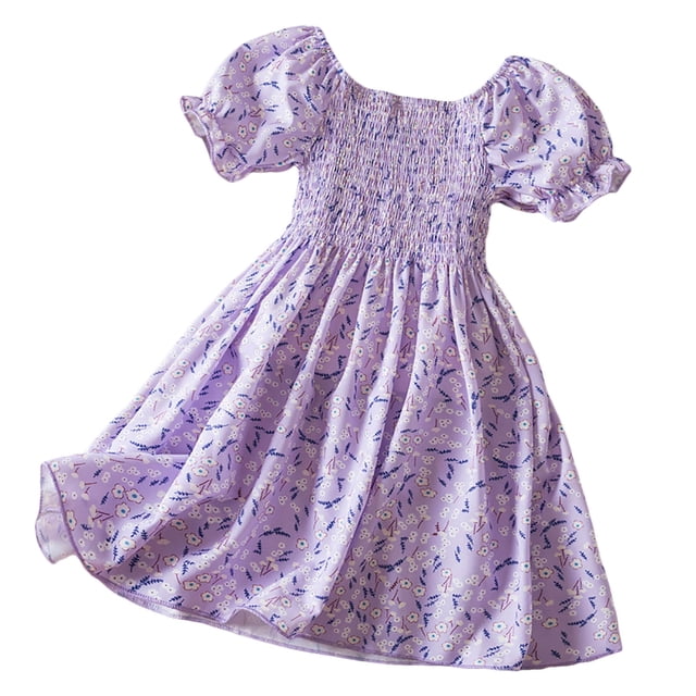 Robes pour Adolescentes Imprimé Fleuri Manches Courtes Cadeau Tendance Princesse Tenue Décontractée Robe Fille Violet 2-3 Ans