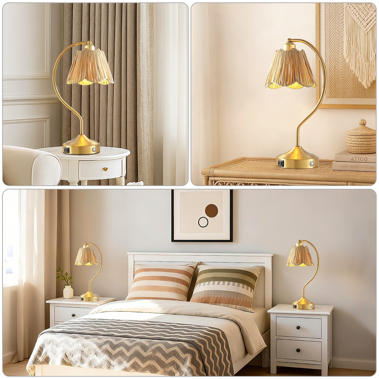 RORIA 18" Curved Gold Table Lamps Set of 2, Touch-Control Three-Level Dimming, USB A+C Charging Ports, Modern Farmhouse Style, Perfect for Living Room or Bedside Lighting Needs.