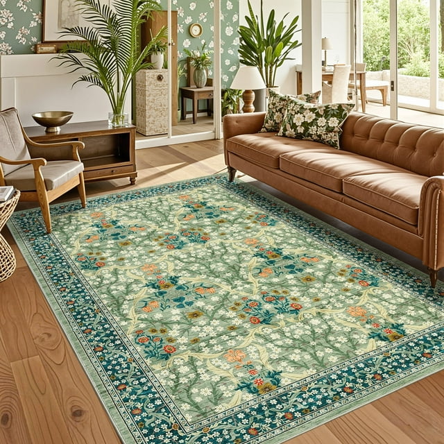 Garvee 8x10 Floral Area Rug Living Room Rug, Washable Rugs Non Slip Stain Resistant Soft Indoor Printed Rug Carpets, Low Pile Floor Mats for Bedroom Dining Room Home Office, Green