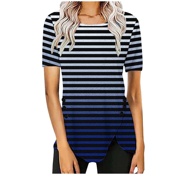 Blusas de Manga Corta para las Mujeres, Botón Impreso Casual Abajo Cuello Redondo Superior, Tela de Imitación Ligera