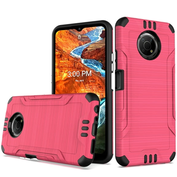 For Nokia G300 Hybrid Dual Layer Slim Defender Armor Tuff Metallic Brush Texture Finishing Shockproof Hard PC   TPU Rubber Cover ,Xpm Phone Case [Hot Pink]