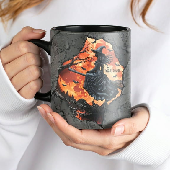 Lotusprinthandmade Personalized Haloween Witch Black Ceramic Mug (11oz) (Made In US), Funny Witch Coffee Mug