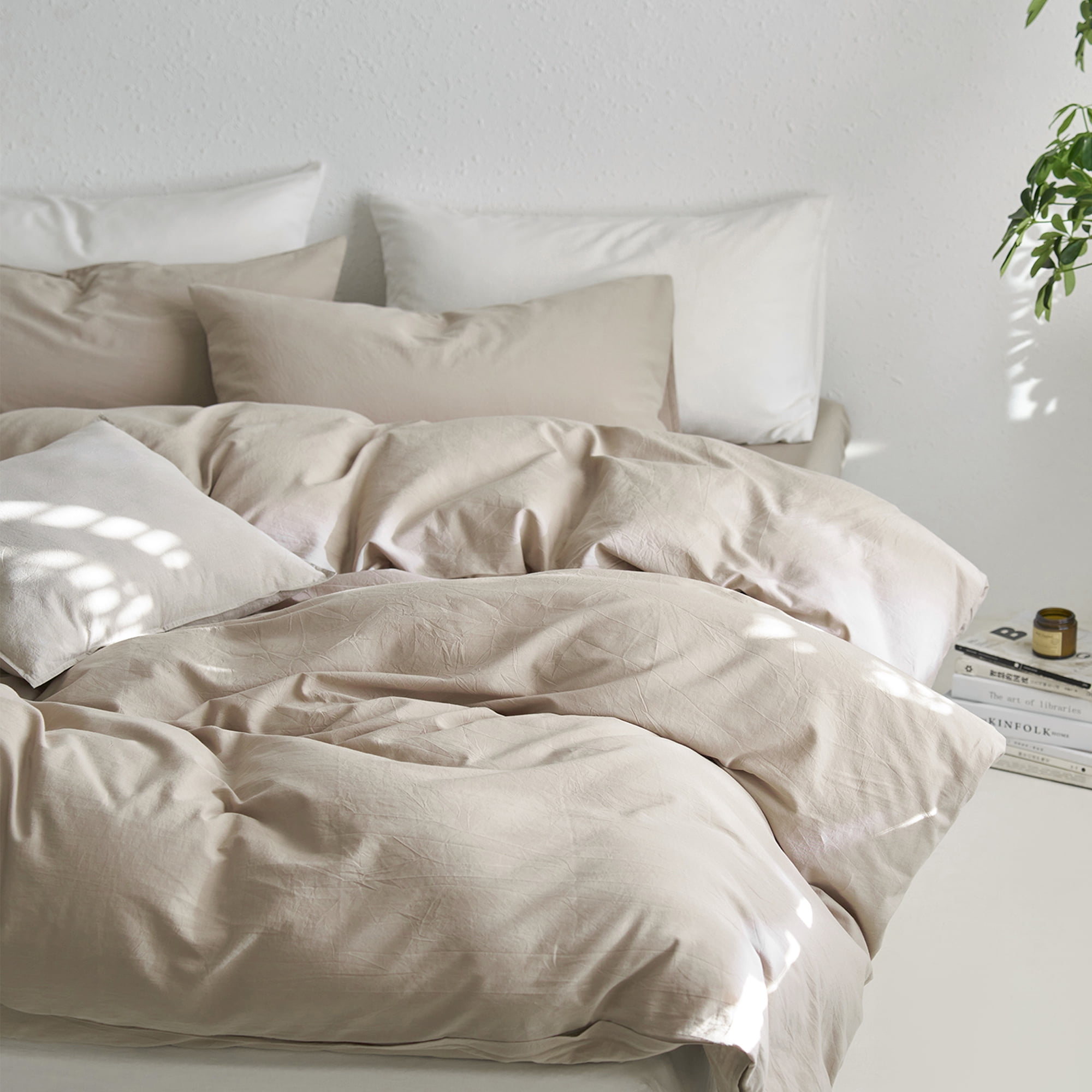 MooMee Duvet Cover Set Twin 100% Washed Cotton Twill Ultra-Soft Breathable Linen Like 2-Piece (Tannish Linen Grey, 68"x90")