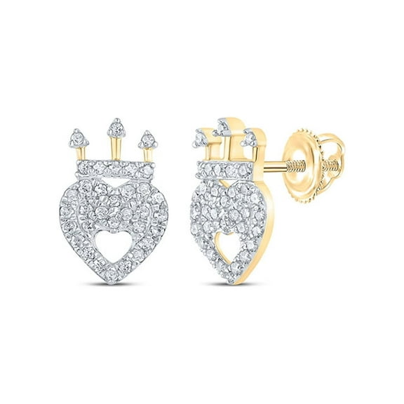 Macey Worldwide Jewelry 10k Yellow Gold Diamond Crown Lovely Heart Earrings 1/6 Ctw