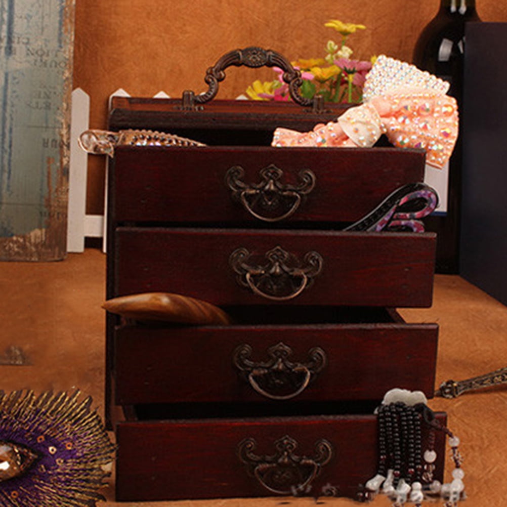 LOLIPPYY Chinese Style Wooden Jewelry Box with 4 Drawers, Elegant Cosmetic Storage Case, Decorative Photo Prop for Home and Party