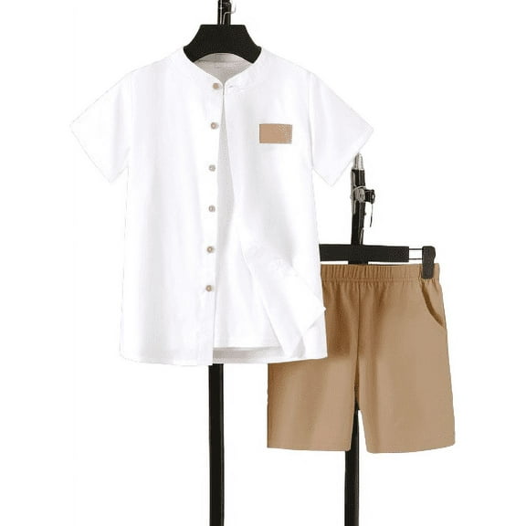 Mikrdoo Big Boys Outfits Preppy Style Button-down Crew Neck Shirt Elastic Waist Shorts 2Pcs Comfy Clothes From 7-14Y White
