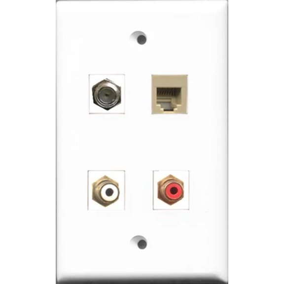 RiteAV 1 Port RCA Red and 1 Port RCA White and 1 Port Coax Cable TV- F-Type and 1 Port Phone RJ11 RJ12 Beige Wall Plate