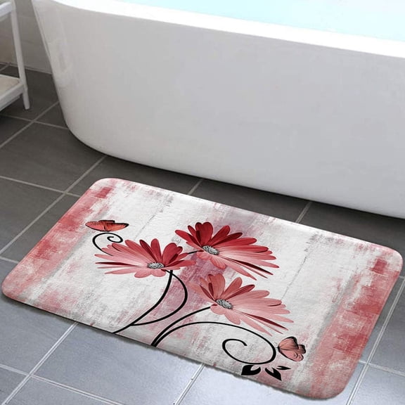 Rustic Farmhouse Bath Mat, Farm Red Daisy Floral Flowers Butterfly Country Wooden Bath Rug for Bathroom, Grey White Bath Mat Soft Non Slip Bath Rugs, 16X24IN