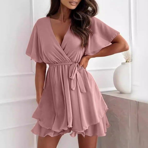 Nuoqisi Women's Summer Fashion V-Neck Waist-Cinching Tie Chiffon Short Dress - Flirty Mini Dress with Ruffle Sleeve