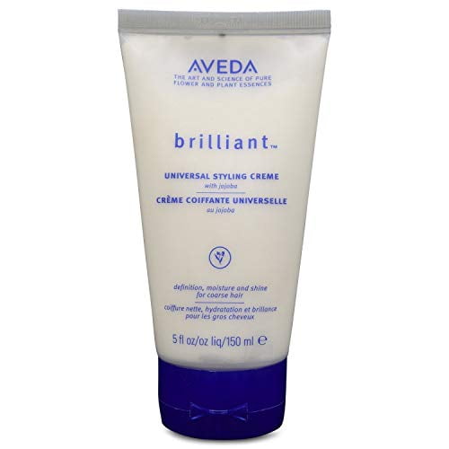 A 5 oz tube of Aveda Brilliant Universal Styling Creme, designed for unisex use. The cream is packaged in a multicolour tube with a purple cap and features text highlighting its benefits for definition, moisture, and shine for coarse hair. The product is labeled in both English and French, indicating its suitability for the Canadian market.