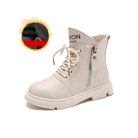 

Crocowalk Girls Non-Slip Casual Round Toe Short Bootie Walking Breathable Comfort Solid Ankle Boots Beige Fleece 11.5c