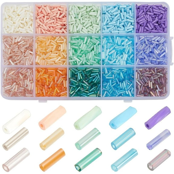 4050pcs 15 Colors Glass Bugle Beads 6mm Tube Beads Cream Colors Loose Spacer Bead Silver Lined Craft Bead for DIY Bracelet Necklace Jewelry Making Beading Sewing Embroidery Crafting