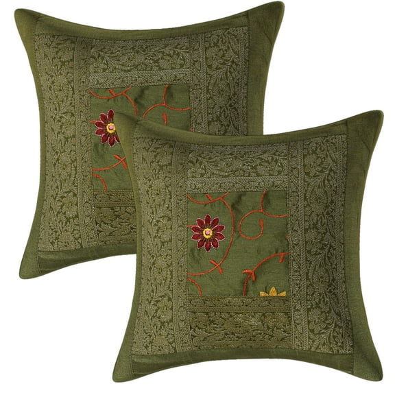 Stylo Culture Indian Sofa Throw Pillow Covers Embroidered 16x16 Brocade Patchwork Olive Green Traditional 40cm x 40cm Bed Room Polydupion Floral Square Cushion Covers | Set Of 2