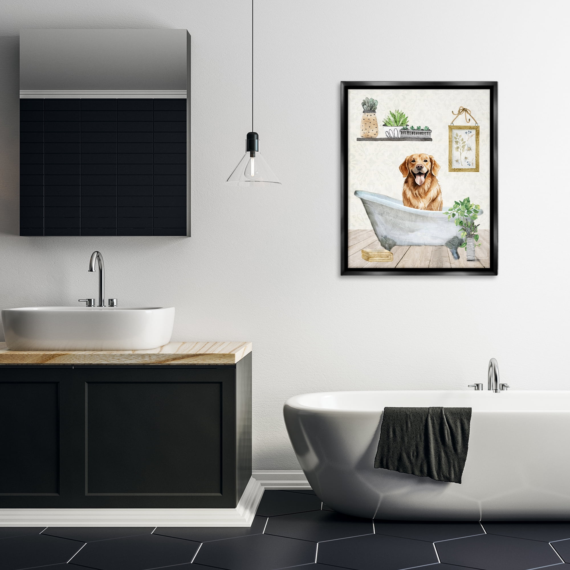 Stupell Industries Doggie Bath Time Bath & Laundry Painting Black Floater Framed Canvas Art Print Wall Art, 25 x 31