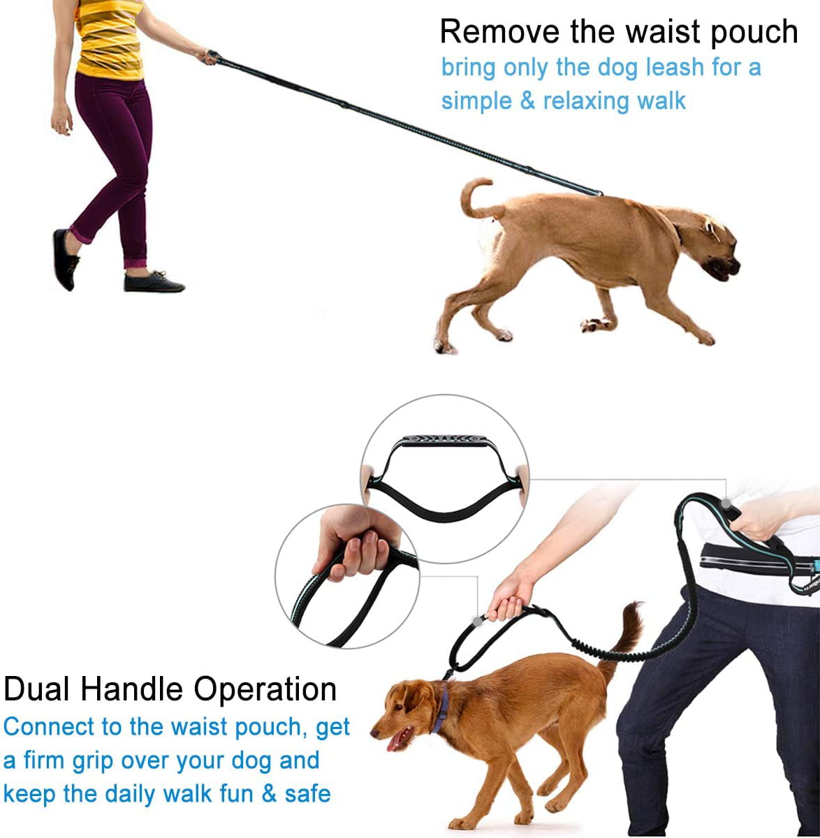 47-67 Extendable Reflective Stitching Adjustable Waist Belt Shock Absorbing Dual Handle Bungee 24-47 Endure 150lbs Dog Leash for Running/Jogging Philorn Hands Free Dog Lead with Phone Pouch