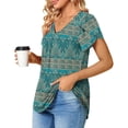 thumbnail image 3 of Women's V-Neck T-Shirt, Short Petal Sleeves, Back Pleated Midline, Loose Fit, Casual Blouse, Khaki/Blue, Size M, 3 of 5