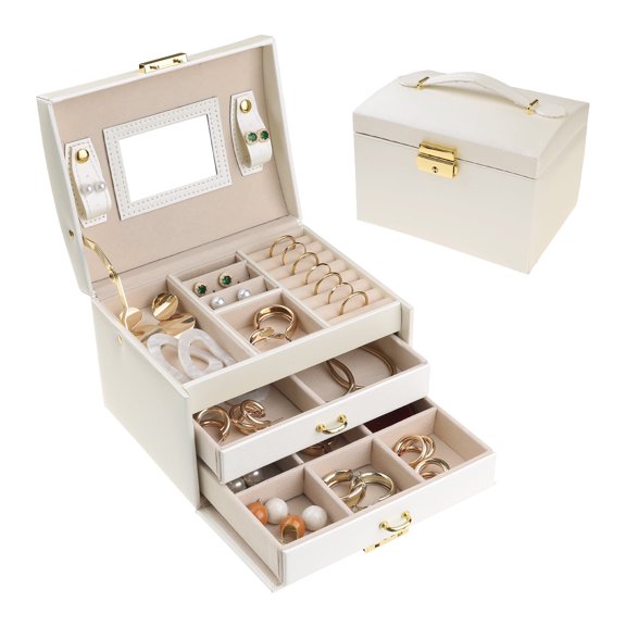 REGALWOVEN 3 Layer PU Leather Jewelry Box Organizer Storage with Mirror for Women Girl Birthday Gift White 17.5*14*13cm