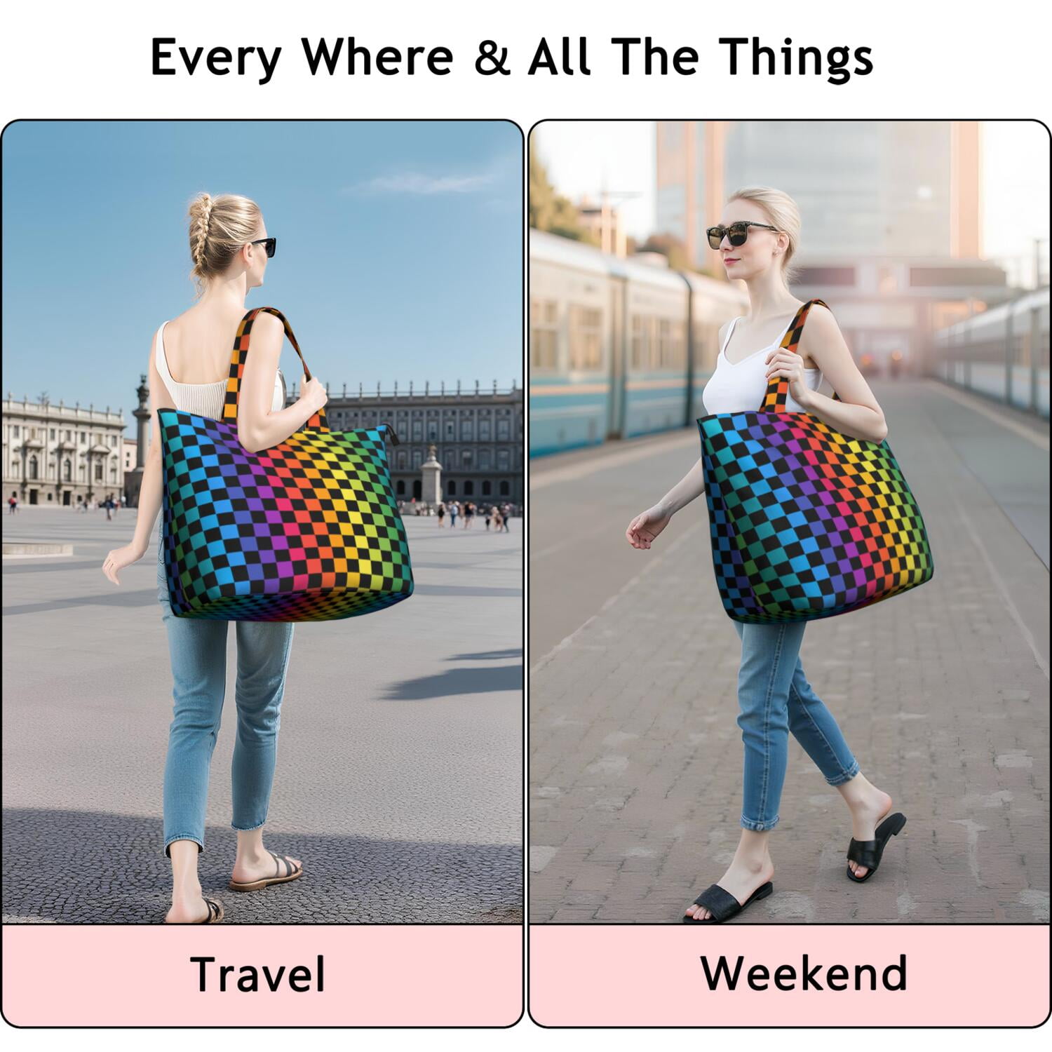 Rainbow Checkered Pattern Travel Tote Bags for Women Carry On,Large Weekender Bags for Women Travel,Multi Functional Duffle Bag for Work,Shopping,Sports