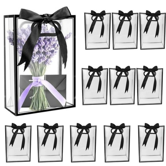 12 Pack Clear Plastic Gift Bags - Reusable Party Favor Bags with Ribbon | Elegant Wrapping Bags with Die Cut Handles for Birthday, Weddings, Business, Bridal Shower (14"x9.5"x4" Black)