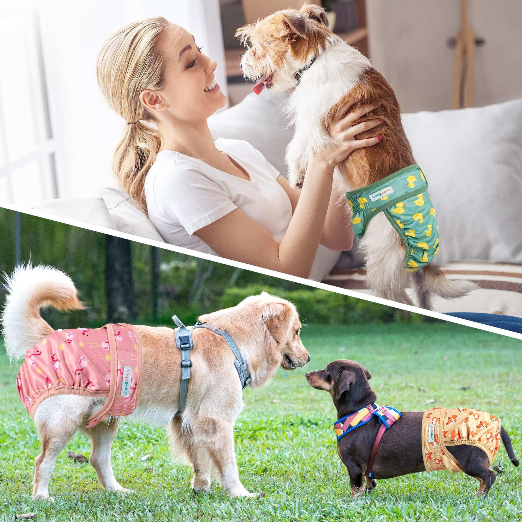 Langsprit Washable Female Dog Diapers (3 Pack) - No Leak Reusable Diapers for Doggy Female in Period - Highly Absorbent Dog Heat Panties with Adjustable Snaps,Flamingo Dog Duck,L