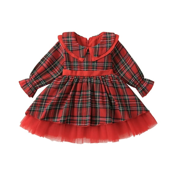 Elippeo Christmas Dress 12M 2Y 3Y 4Y 5Y 6Y Plaid Print Long Sleeve Round Neck Ruffled Tulle Patchwork A-Line Dress Xmas Clothing