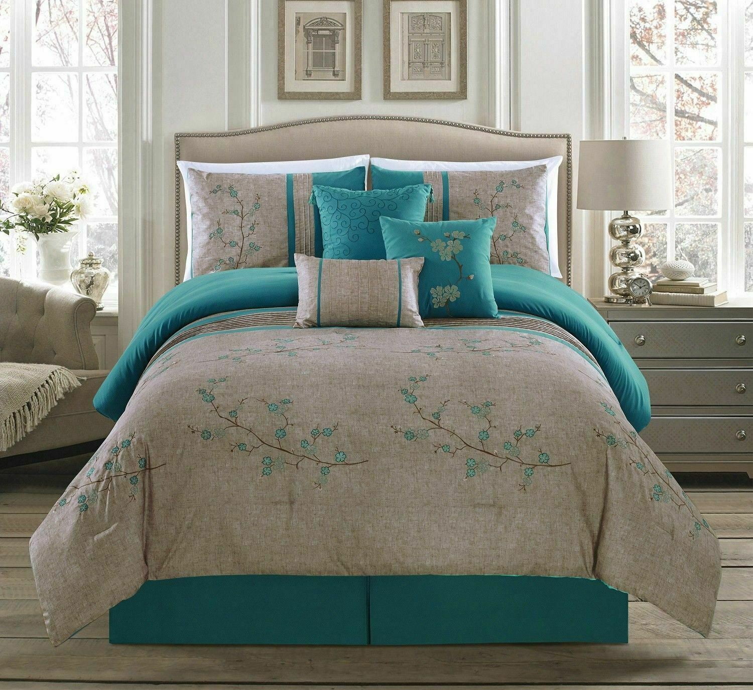 Luxurious 7-Piece Teal Aqua and Silver embroidered Floral Print Comforter Set. 