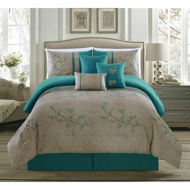 Chezmoi Collection 7-Piece Teal Cherry Blossoms Embroidery Bedding ...