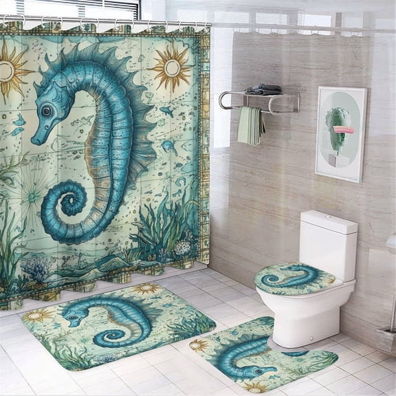 Ocean Coastal Seahorse 4Pcs Shower Curtain Sets with Rugs with Rugs Toilet Lid Cover And Bath Mat Ocean Animal Durable And Waterproof for Bathtub Decor