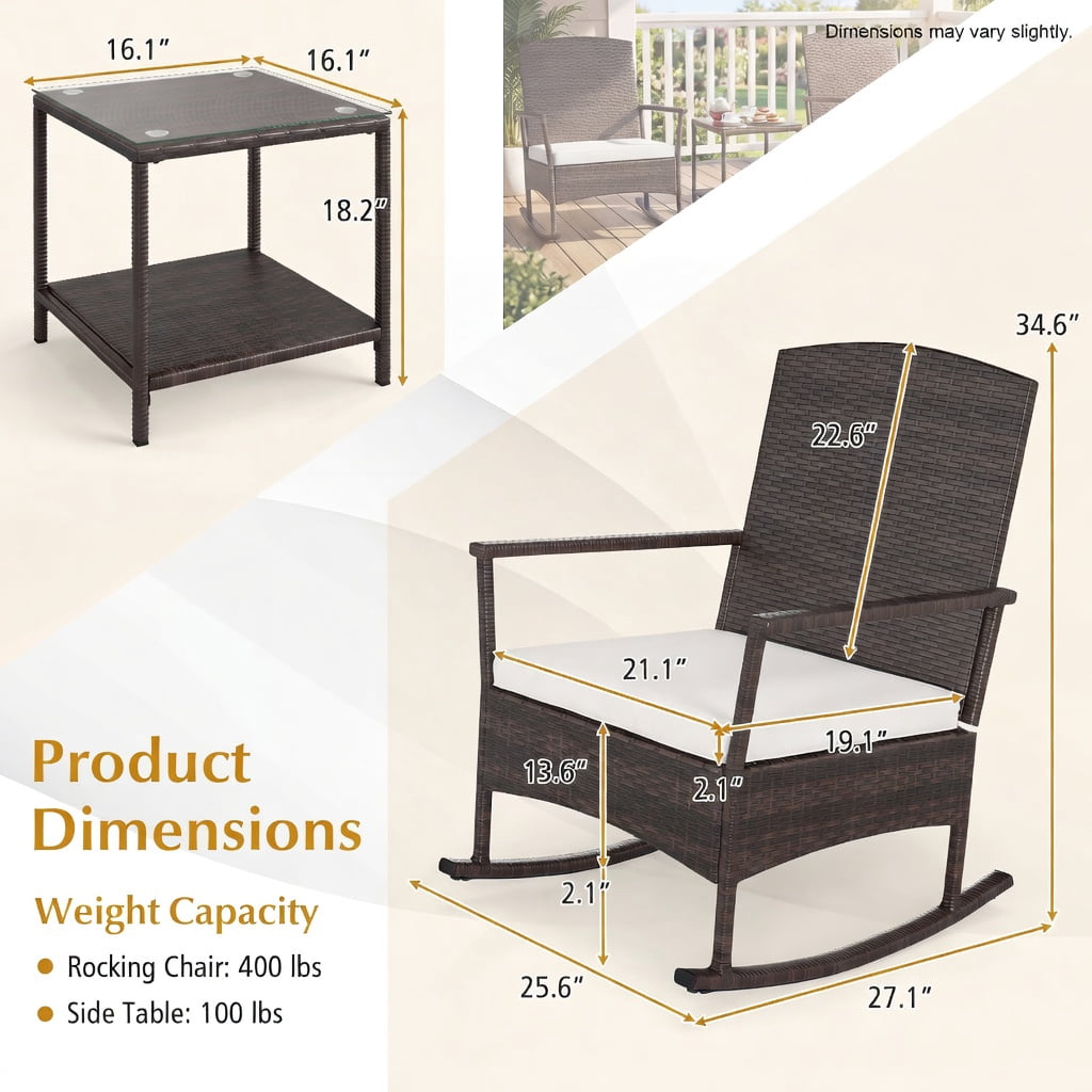 Hommoo 3-Piece Outdoor Patio Rocking Set, Wicker Rocking Chairs with Double-Tier Tempered Glass Coffee Table, PE Rattan, Includes Cushions & Easy Assembly, White