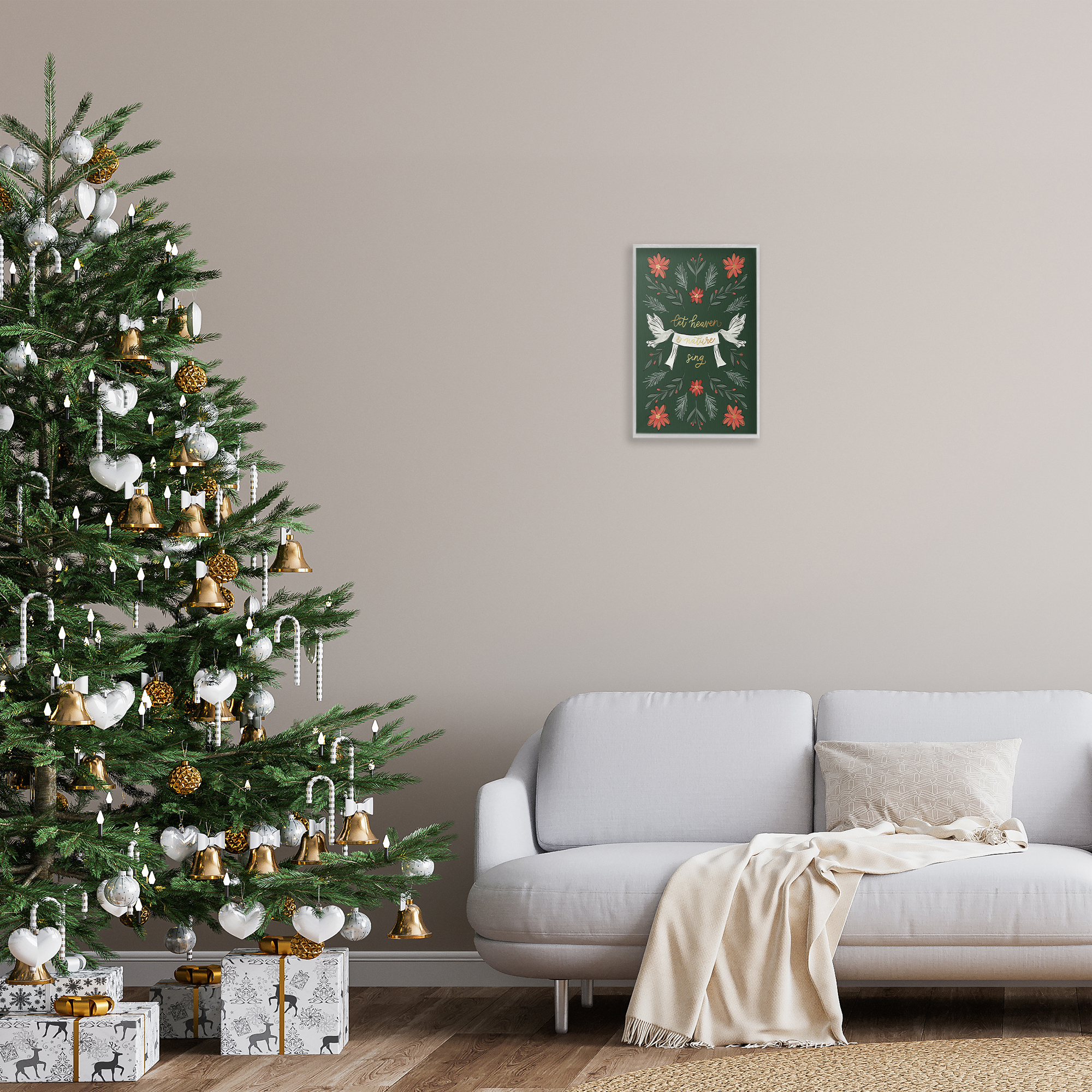 Stupell Industries Xmas Let Heaven Sing Holiday Painting Gray Framed Art Prints Wall Art, 12 x 18