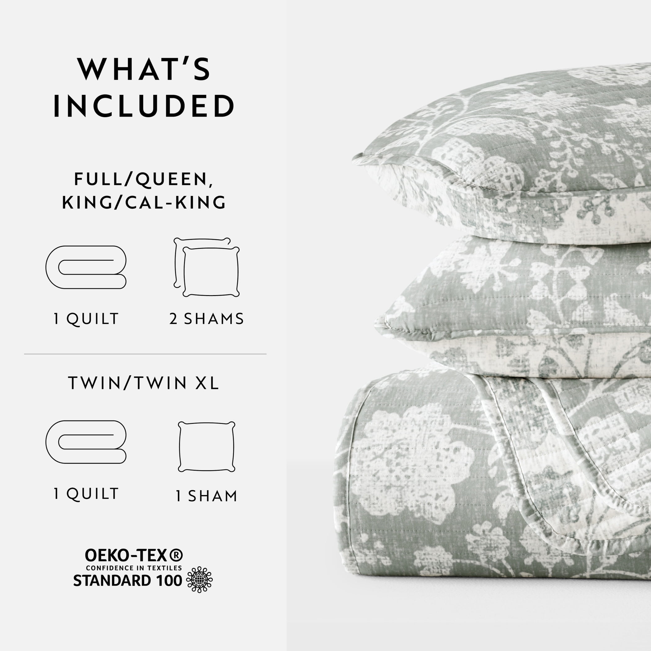 Noble Linens 3-Piece Eucalyptus Textured Floral Reversible Quilt Set, Queen
