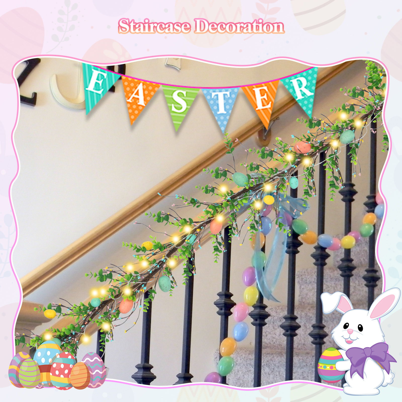 Easter Garland Spring Vine led Egg Light Rattan Artificial Eggs Garlands with Eucalyptus Leaf for Arch Home Holiday Party Mantle Fireplace Indoor Outdoor Festive Front Porch Decor - image 5 of 9