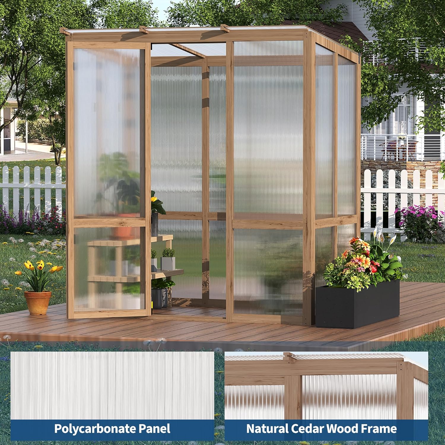 Gaderth 4x6FT Wooden Greenhouses with Roof Vent, Wooden Walk-in Green House with Cedar Frame, Greenhouse Kit with 6MM Thick Polycarbonate Panel