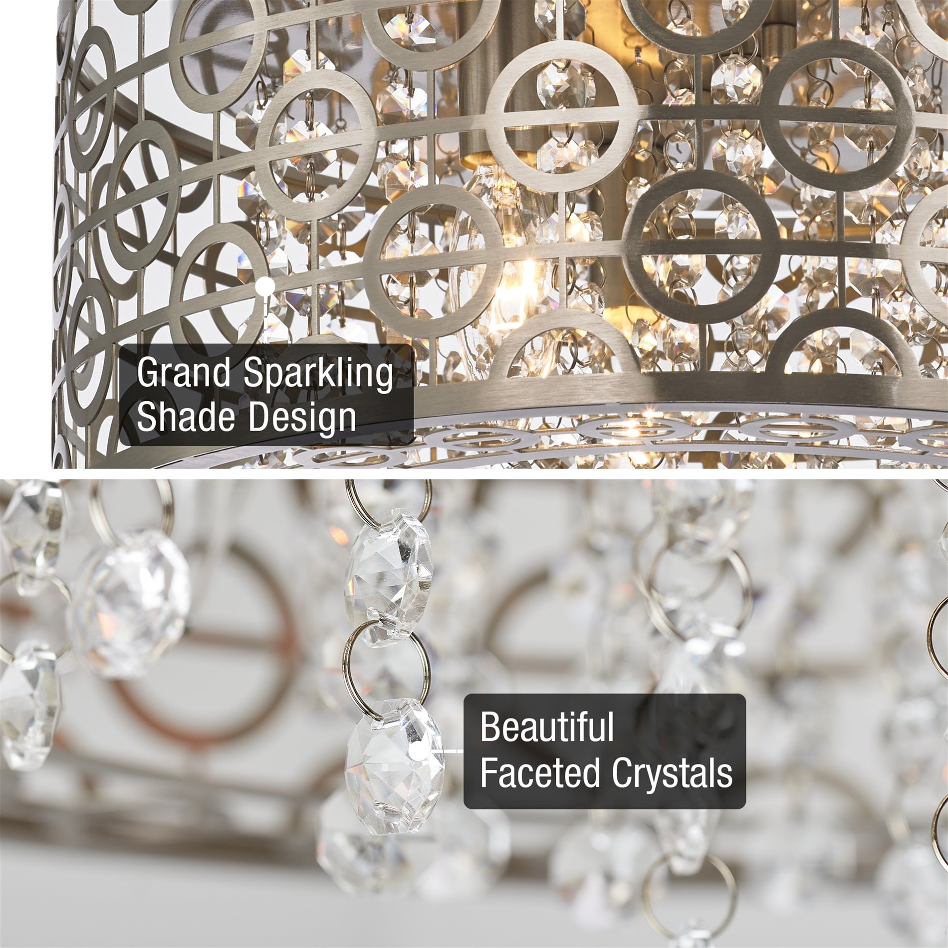 Kira Home Brielle 15" Modern Chic 4-Light Crystal Flush Mount Chandelier + Round Metal Shade, Dimmable, Brushed Nickel