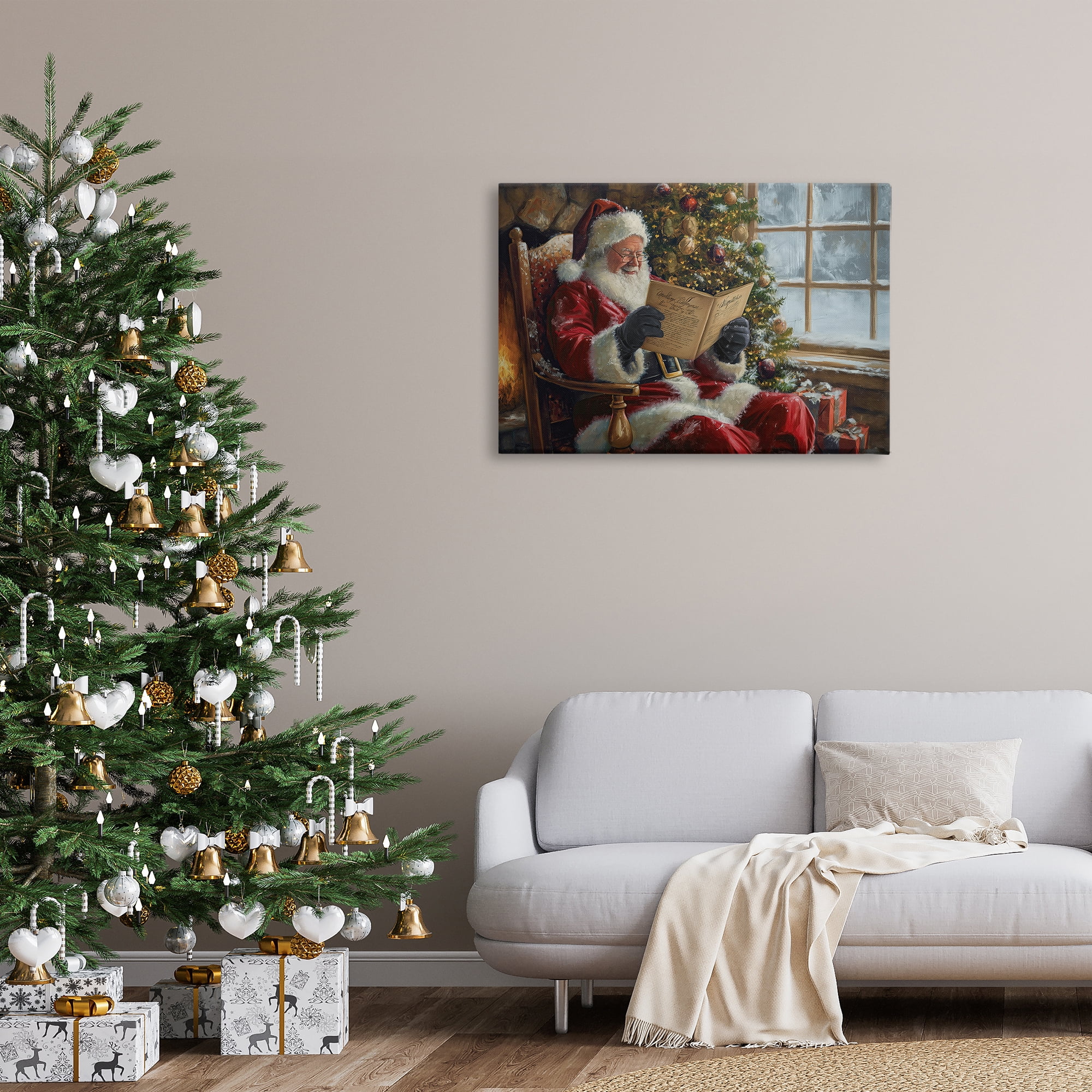 Stupell Industries Cheerful Santa Reading Holiday Painting Gallery Wrapped Canvas Art Prints Wall Art, 36 x 24