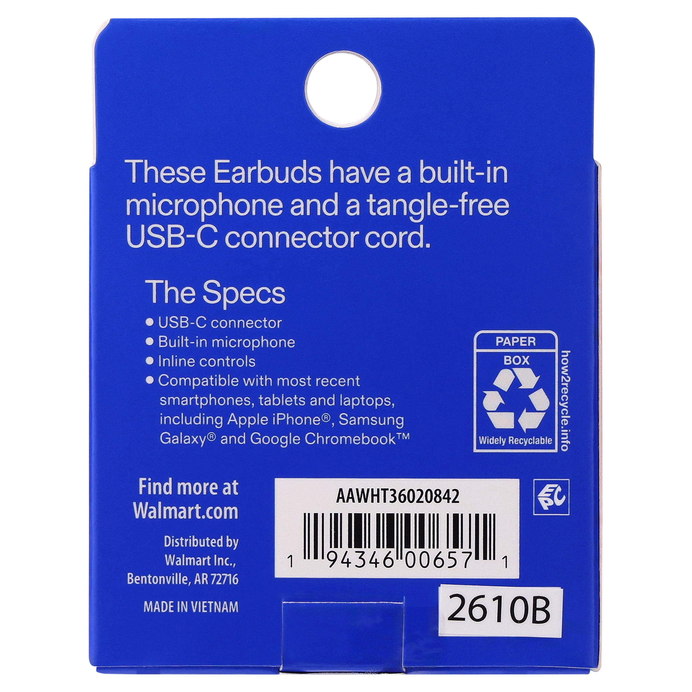onn Earbuds with USB-C Connector, White