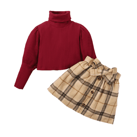 

Mikrdoo Toddler Baby Girls Clothes Stand-up Collar 3 Years Girls Long Sleeve Shirts 4 Years Girls Plaid Skirts 2Pcs Outfits Red