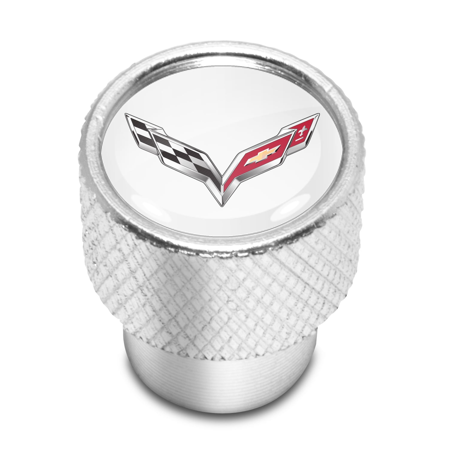 Chevrolet Corvette C7 Logo White on Shining Silver Aluminum Tire Valve Stem Caps