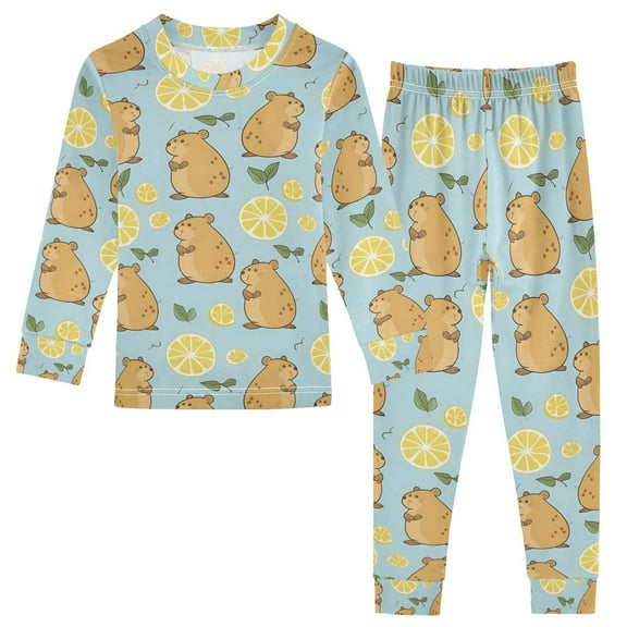 joogoo Cute Capybara Lemon 2 Piece Long Sleeve Tee and Pants Cotton Pajama Set 5Y